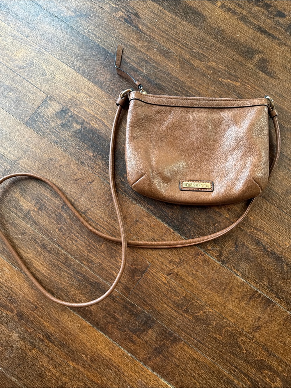 Calvin Klein Pebbled Leather Crossbody in Cognac Brown